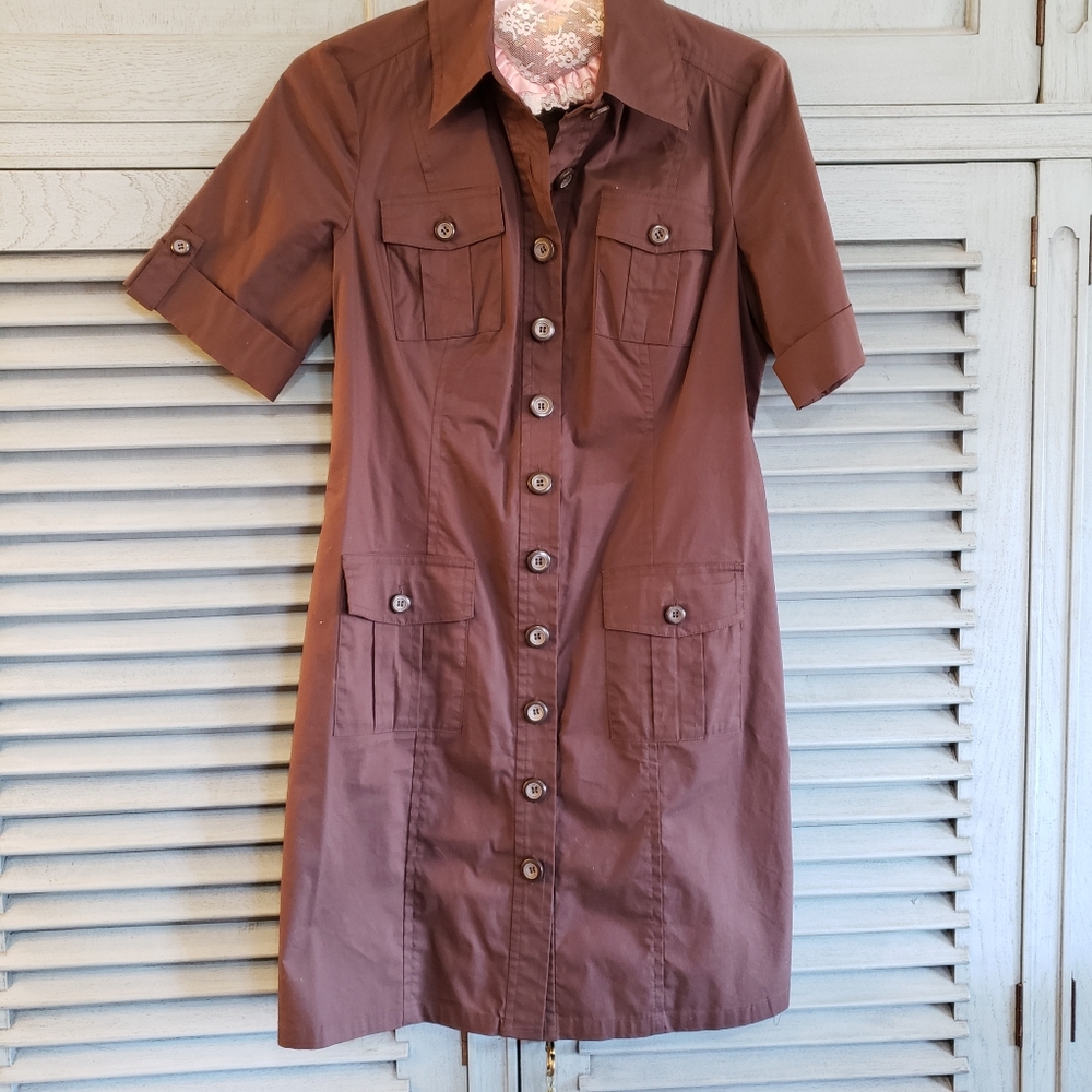 Classic Brown Button-Front Midi Shirt Dress